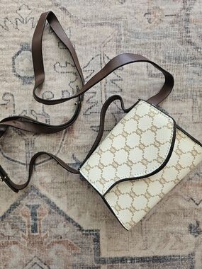Designer-Inspired Cream & Brown Crossbody Mini Bag
